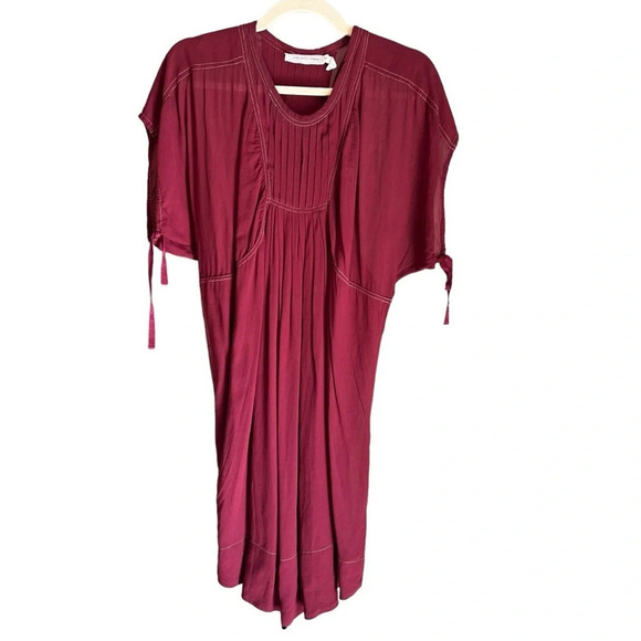 Isabel Marant Etoile Pleated Front Short Sleeve Mini Dress Burgundy Red 6 - Picture 1 of 7
